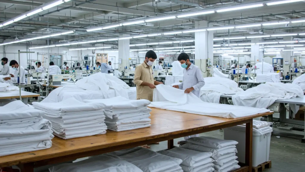 Hospital linen supplier for Europe: final inspection of hospital and hotel linens before export to Europe