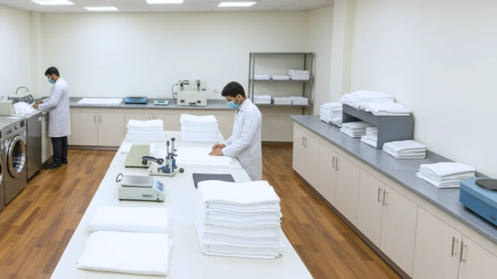 Healthcare linen manufacturer quality lab testing fabric at International Linens