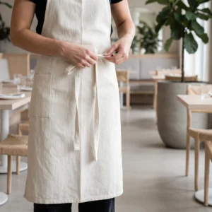 Restaurant aprons in use: black chef bib apron, white waist apron and ivory bistro apron by International Linens