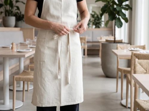 Restaurant aprons in use: black chef bib apron, white waist apron and ivory bistro apron by International Linens