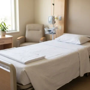 Bariatric bed sheets in use: wide white fitted sheet on a bariatric hospital bed by International Linens