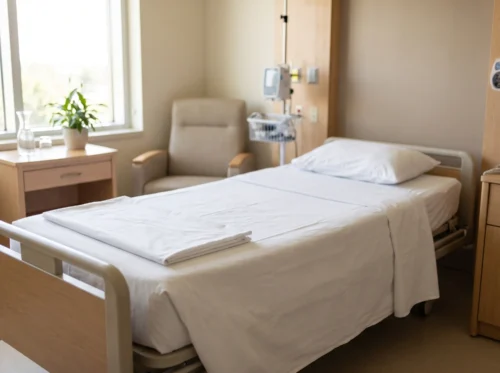 Bariatric bed sheets in use: wide white fitted sheet on a bariatric hospital bed by International Linens