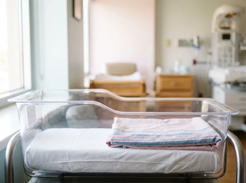 Crib sheets in use: white knitted fitted crib sheet on a hospital bassinet mattress by International Linens