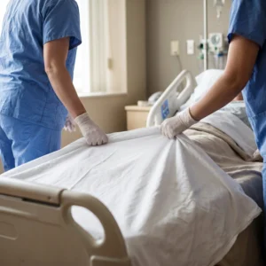 Hospital draw sheets in use: white woven draw sheet across a hospital bed by International Linens