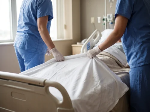 Hospital draw sheets in use: white woven draw sheet across a hospital bed by International Linens