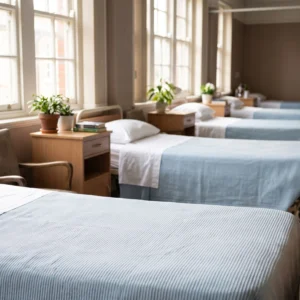 Hospital bedspreads in use: pale blue ribcord woven bedspread on a hospital bed by International Linens