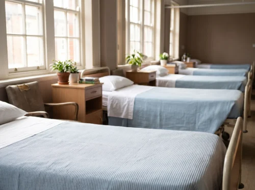 Hospital bedspreads in use: pale blue ribcord woven bedspread on a hospital bed by International Linens