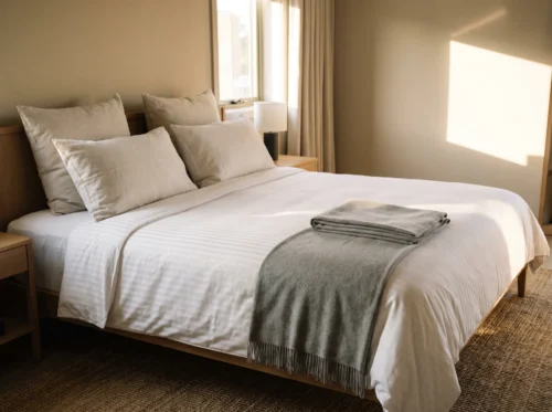 Hotel duvet covers in use: white satin-stripe duvet cover on a king hotel bed by International Linens
