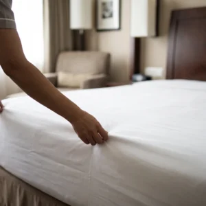 Hotel fitted sheets in use: white deep-pocket fitted sheet on a hotel mattress by International Linens Hotel fitted sheets in use: white deep-pocket fitted sheet on a hotel mattress by International Linens