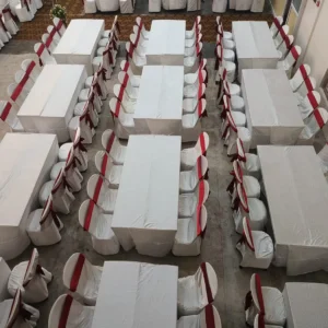 Banquet tables with white tablecloths