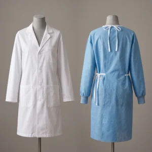 Lab coats and isolation gowns: white lab coat and blue reusable isolation gown by International Linens