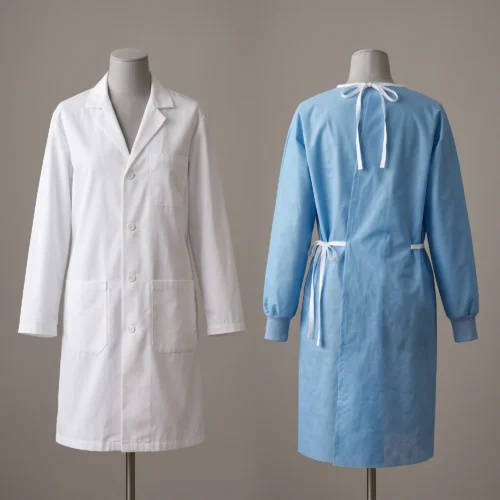 Lab coats and isolation gowns: white lab coat and blue reusable isolation gown by International Linens
