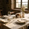 Restaurant cloth napkins in use: ivory spun polyester dinner napkins by International Linens