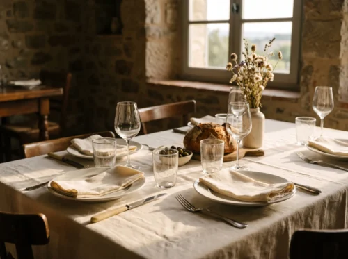 Restaurant cloth napkins in use: ivory spun polyester dinner napkins by International Linens