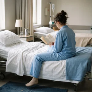 Patient pajamas and pants in use: blue two-piece hospital patient pajamas by International Linens