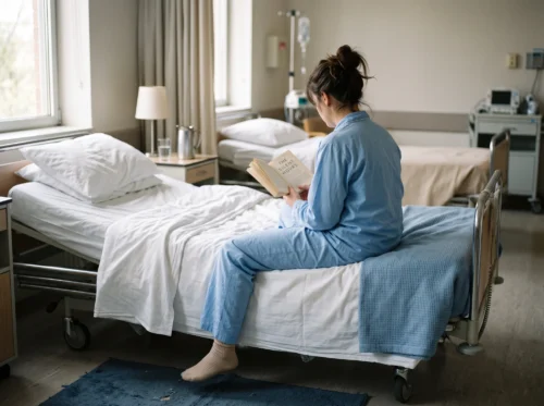 Patient pajamas and pants in use: blue two-piece hospital patient pajamas by International Linens