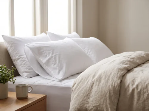 Pillow protectors in use: white zippered pillow protector on a standard pillow by International Linens