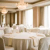Restaurant tablecloths in use: white round banquet tablecloth by International Linens