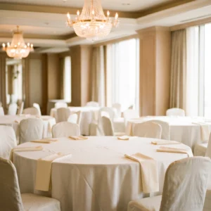 Restaurant tablecloths in use: white round banquet tablecloth by International Linens