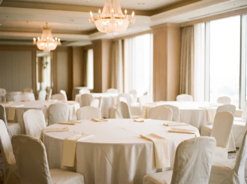 Restaurant tablecloths in use: white round banquet tablecloth by International Linens